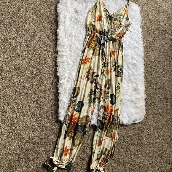 Tropical Hawaiian Floral Pants Jumpsuit Slit Legs Tie Ankle Elastic Waist Thin - Picture 10 of 10